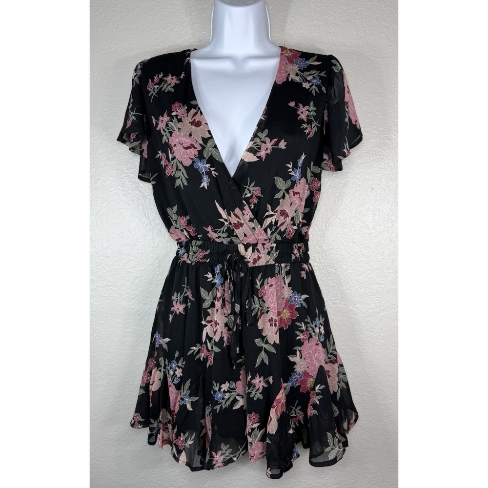 Trixxi Black Floral Whimsy Feminine Flirty Godet Short Romper Size XXS